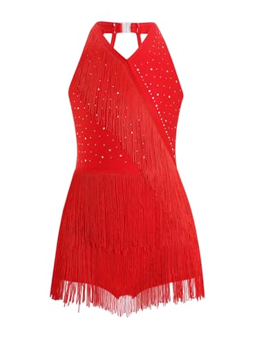 CHICTRY Latein Kleid Mädchen Turnierkleider Ärmellos Fransenkleid Mit Glänzend Strass Cut Out Body Quasten Leotard Tanzkostüm Rot 170 von CHICTRY