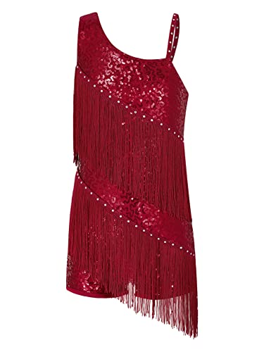 CHICTRY Latein Tanzkleid Turnier Mädchen Kinder Jazz Modern Dance Kleid Ärmellos Fransenkleid Trikot Kleid Wettbewerb Performance Bekleidung Burgundy 170-176 von CHICTRY