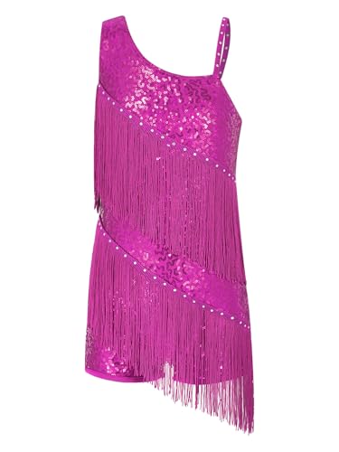 CHICTRY Latein Tanzkleid Turnier Mädchen Kinder Jazz Modern Dance Kleid Ärmellos Fransenkleid Trikot Kleid Wettbewerb Performance Bekleidung Hot Pink 134-140 von CHICTRY