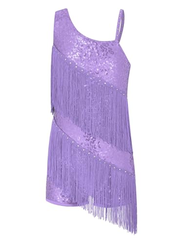CHICTRY Latein Tanzkleid Turnier Mädchen Kinder Jazz Modern Dance Kleid Ärmellos Fransenkleid Trikot Kleid Wettbewerb Performance Bekleidung Lavendel 134-140 von CHICTRY