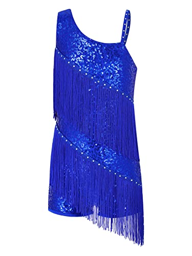 CHICTRY Latein Tanzkleid Pailletten Kinder Mädchen Jazz Modern Dance Kleid Ärmellos Fransen Quaste Trikotkleid Patchwork Charleston Kleid Tanzkostüm Royal Blau 134-140 von CHICTRY