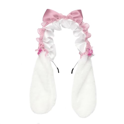 CHICTRY Lolita Kaninchen Lop Ohren Stirnband Bowknot Ruffed Kopfbedeckung mit Clips Maid Kostüm Accessoire Rosa 3 One Size von CHICTRY