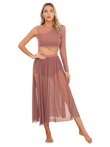 CHICTRY Lyrisches Kleid Damen Modern Dance Tanzkleid EIN Schulter Ballettkleid Cut Out Body Mesh Patchwork Trikot Mit Chiffon Schlitz Rock Dancewear Altrosa XXL von CHICTRY