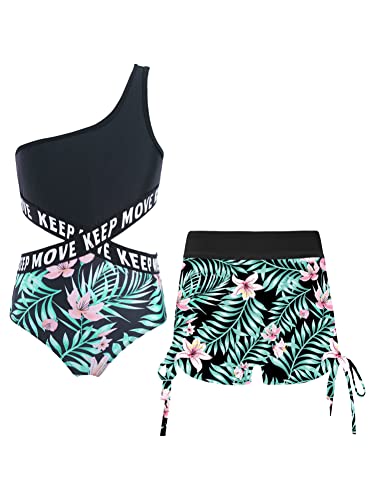 CHICTRY Mädchen Badeanzug Mit Shorts Kinder Zweiteiler Bademode Mit Cut Out EIN Träger Trikot Crossover Overall Stretch Badeshorts Swimwear Lilie D 134-140 von CHICTRY