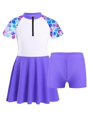 CHICTRY Mädchen Badekleid Kinder Badeanzug mit Rock Schwimmrock UV Schutz Badebekleidung Kurzarm Schwimmanzug Gr. 104 116 128 140 152 164 Lila 122-128 von CHICTRY