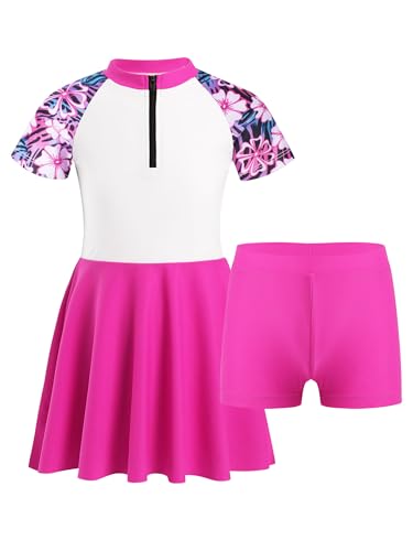 CHICTRY Mädchen Badekleid Kinder Badeanzug mit Rock Schwimmrock UV Schutz Badebekleidung Kurzarm Schwimmanzug Gr. 104 116 128 140 152 164 Rosenrot 122-128 von CHICTRY