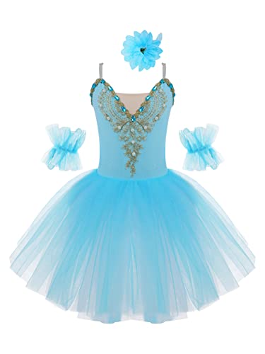 CHICTRY Mädchen Ballettkleid Ärmellos Strass Schwan Ballerina Kostüm Blumen Spitze Ballettanzug Kinder Rüschen Tanzbody Mit Tüll Tütü Rock Tanzbekleidung Hellblau C 122-128 von CHICTRY