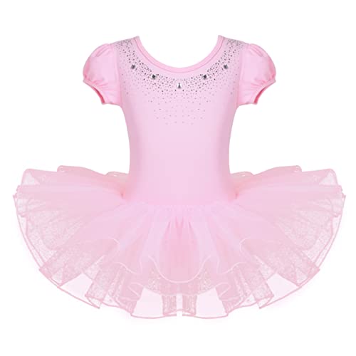 CHICTRY Mädchen Ballettkleid Glitzer Strass Tanzkleid Tütü Rüschen Ärmel Ballett Trikot Body Mit Tüll Ballettrock Tanzrock Wettbewerb Kostüm Y Rosa 122-128 von CHICTRY