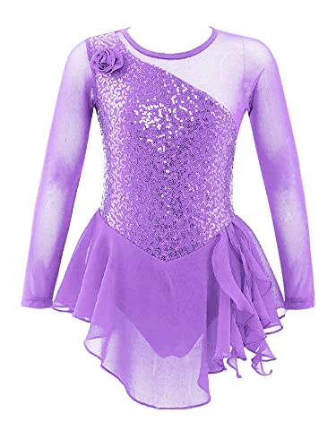 CHICTRY Ballettkleid Kinder Mädchen Langarm Pailletten Glitzer Tanzkleid Patchwork Ballett Trikot Tanzbody Mit Tüllrock Ballettrock Tanzbekleidung Hell Lila Pailletten 116 von CHICTRY