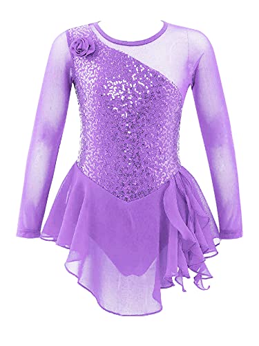 CHICTRY Kinder Mädchen Ballettkleid Langarm Pailletten Glitzer Tanzkleid Patchwork Ballett Trikot Leotard Mit Chiffon Rock Ballettrock Tanzbekleidung Hell Lila 128 von CHICTRY
