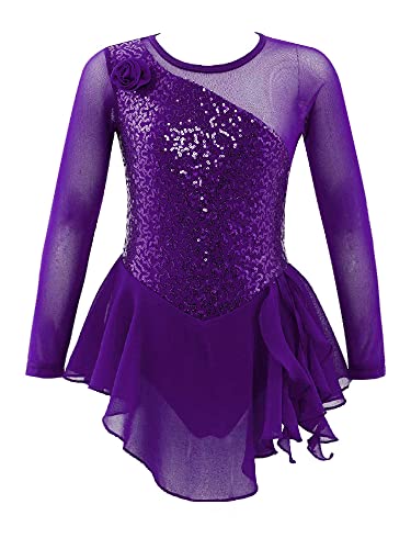 CHICTRY Ballettkleid Kinder Mädchen Langarm Pailletten Glitzer Tanzkleid Patchwork Ballett Trikot Tanzbody Mit Tüllrock Ballettrock Tanzbekleidung Lila Pailletten 116 von CHICTRY