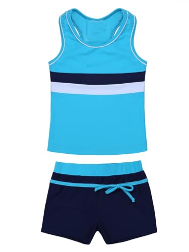 CHICTRY Mädchen Bikini Set Kinder Tankini Bademode 2-teilig Sport Badeanzug Badeset 3 Stripes Badeshirt Und Badeshorts Schwimmkleidung Blau 146-152 von CHICTRY