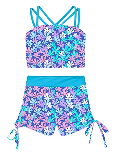 CHICTRY Mädchen Bikini Set Kinder Tankini Bademode 2-teilig Sport Badeanzug Badeset 3 Stripes Badeshirt Und Badeshorts Schwimmkleidung Blau A 134-140 von CHICTRY