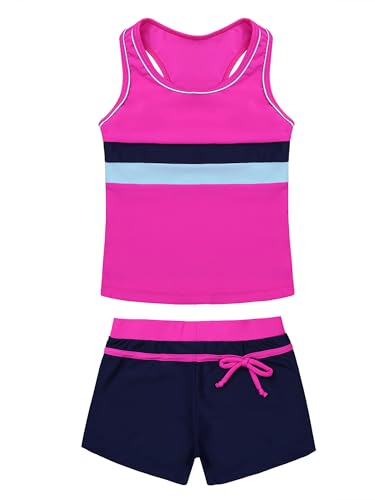 CHICTRY Mädchen Bikini Set Kinder Tankini Bademode 2-teilig Sport Badeanzug Badeset 3 Stripes Badeshirt Und Badeshorts Schwimmkleidung Rose 158-164 von CHICTRY