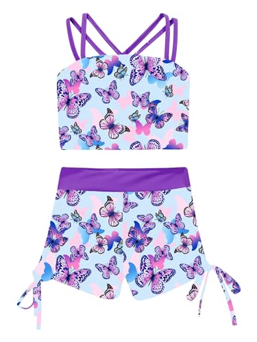 CHICTRY Mädchen Bikini Set Kinder Tankini Bademode 2-teilig Sport Badeanzug Badeset 3 Stripes Badeshirt Und Badeshorts Schwimmkleidung Violett A 134-140 von CHICTRY