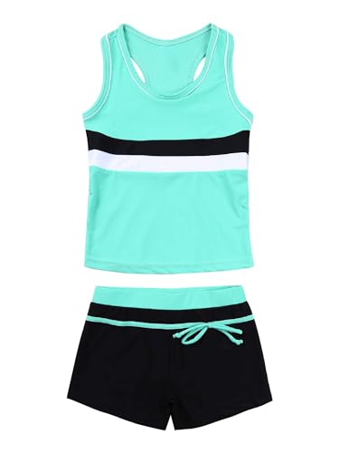 CHICTRY Mädchen Bikini Set Kinder Tankini Bademode 2-teilig Sport Badeanzug Badeset 3 Stripes Badeshirt Und Badeshorts Schwimmkleidung Minzgrün 158-164 von CHICTRY