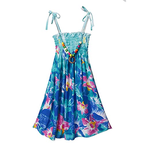 CHICTRY Mädchen Bohemien Kleider Ärmellos Sommerkleid Sonnenkleid Boho Strandkleid Stretch Hohe Taille Freizeit Kleid mit Halskette Prinzessin Partykleid Gr. 104-152 Blau B 110-116 von CHICTRY