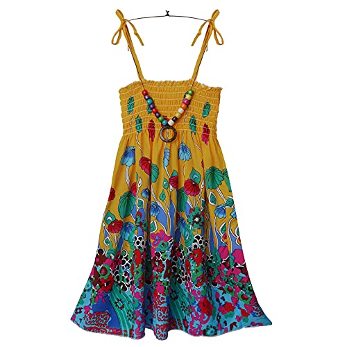 CHICTRY Mädchen Bohemien Kleider Ärmellos Sommerkleid Sonnenkleid Boho Strandkleid Stretch Hohe Taille Freizeit Kleid mit Halskette Prinzessin Partykleid Gr. 104-152 Gelb 140-152 von CHICTRY