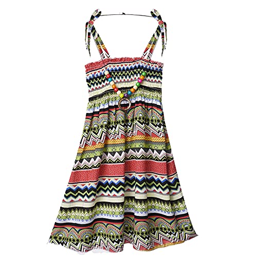 CHICTRY Mädchen Bohemien Kleider Ärmellos Sommerkleid Sonnenkleid Boho Strandkleid Stretch Hohe Taille Freizeit Kleid Mit Halskette Gr. 104-152 Grün 140-152 von CHICTRY