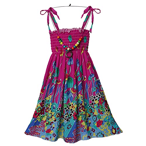 CHICTRY Mädchen Bohemien Kleider Ärmellos Sommerkleid Sonnenkleid Boho Strandkleid Stretch Hohe Taille Freizeit Kleid Mit Halskette Gr. 104-152 Rosenrot 122-128 von CHICTRY