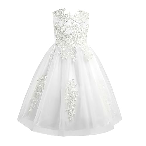 CHICTRY Mädchen Kleider Hochzeit Ärmellos Blumenstickerei Kleid Süß Prinzessin Blumenmädchenkleid Tüll Kommunionkleid Festkleid Gr. 98-164 Elfenbein 140 von CHICTRY