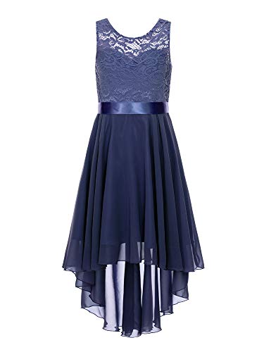 CHICTRY Mädchen Kleider Festlich Spitzen Prinzessin Kleid Vorne Kurz Hinten Lang Ärmellos Ballkleid Süß Tüll Hochzeitskleid Mit Blumenmuster Für 5-16 Jahre Navy Blau 128-140 von CHICTRY