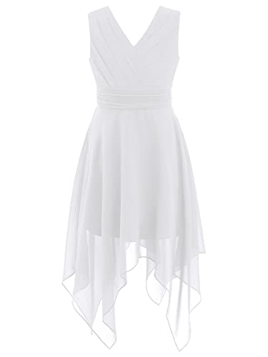 CHICTRY Mädchen Kleider Hochzeit Kinder Ärmellos Kommunionkleid V-Ausschnitt Partykleid A Linien Sommerkleid Mit Asymetrisch Rock Festzug Weiß 170-176 von CHICTRY