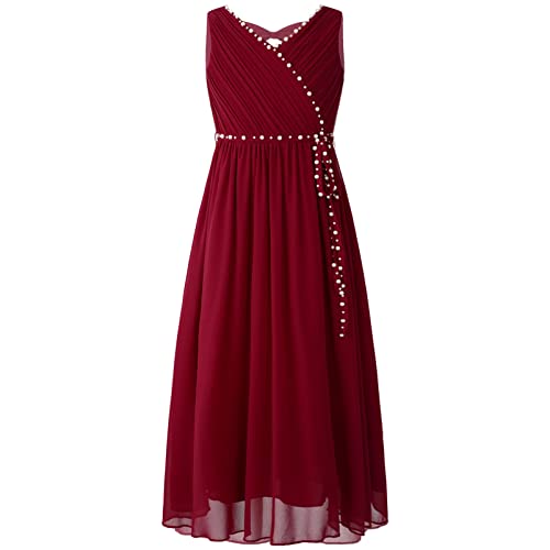 CHICTRY Mädchen Kleider Festlich Ärmellos Partykleid Perlen Glänzend V-Ausschnitt Hochzeitskleid Prinzessin Kostüm Party Gebutstag Burgundy 158-164 von CHICTRY