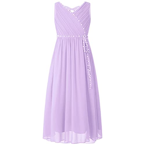 CHICTRY Mädchen Kleider Festlich Ärmellos Partykleid Perlen Glänzend V-Ausschnitt Hochzeitskleid Prinzessin Kostüm Party Gebutstag Lavendel 134-140 von CHICTRY