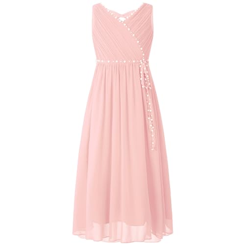 CHICTRY Mädchen Kleider Festlich Ärmellos Partykleid Perlen Glänzend V-Ausschnitt Hochzeitskleid Prinzessin Kostüm Party Gebutstag Rosa 158-164 von CHICTRY