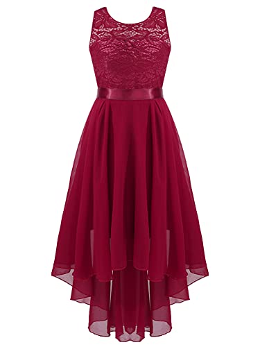 CHICTRY Mädchen Kleider Festlich Spitzen Prinzessin Kleid Vorne Kurz Hinten Lang Ärmellos Ballkleid Süß Tüll Hochzeitskleid Mit Blumenmuster Für 5-16 Jahre Burgundy 164-176 von CHICTRY