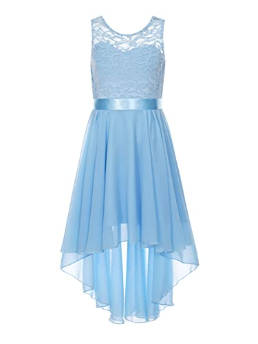 CHICTRY Kleider Mädchen Festlich Sommer Ärmellos Spitzenkleid A Linien Ballkleid V Rücken Hochzeitskleid Vokuhila Kleid Prinzessin Hellblau 122-128 von CHICTRY