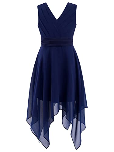 CHICTRY Mädchen Kleider Hochzeit Kinder Ärmellos Kommunionkleid V-Ausschnitt Partykleid A Linien Sommerkleid Mit Asymetrisch Rock Festzug Navy Blau 146-152 von CHICTRY