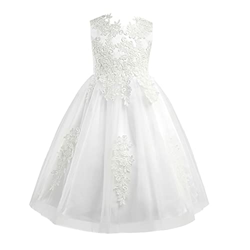CHICTRY Mädchen Kleider Hochzeit Kinder Ärmellos Spitzenkleid A Linien Blumenstickerei Partykleid Festliches Ballkleid Mit Tutu Tüllrock Elfenbein 98 von CHICTRY