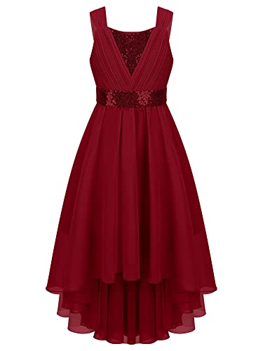 CHICTRY Mädchen Kleider Prinzessin Hochzeit festlich Lange Partykleid Pailletten Glitzer Abendkleid Festkleid Paillettenkleid Ärmellos Gaze Tülle Gr. 98-164 Burgundy C 158-164 von CHICTRY