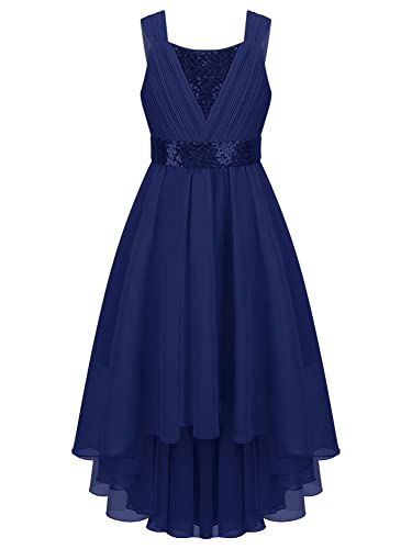 CHICTRY Mädchen Kleider Prinzessin Hochzeit festlich Lange Partykleid Pailletten Glitzer Abendkleid Festkleid Paillettenkleid Ärmellos Gaze Tülle Gr. 98-164 Navy blau C 146-152 von CHICTRY