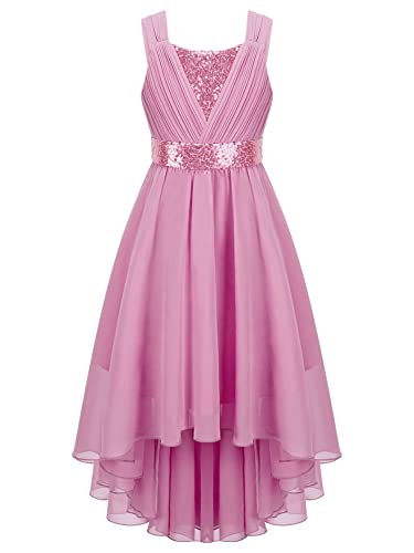CHICTRY Paillettenkleid Kinder Mädchen Festliches Partykleid Ärmellos Blumenmädchenkleid Chiffon Abendkleid Ballkleid Vorne Kurz Hinten Lang Rosa C 134-140 von CHICTRY