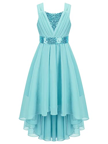 CHICTRY Mädchen Kleider Prinzessin Hochzeit festlich Lange Partykleid Pailletten Glitzer Abendkleid Festkleid Paillettenkleid Ärmellos Gaze Tülle Gr. 98-164 Türkis C 134-140 von CHICTRY