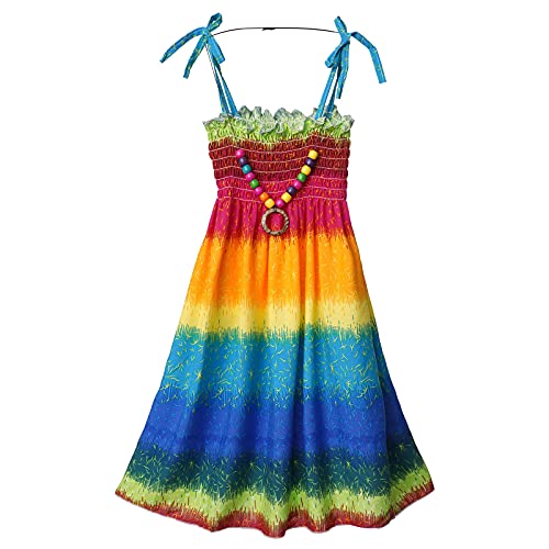 CHICTRY Mädchen Bohemien Kleider Ärmellos Sommerkleid Sonnenkleid Boho Strandkleid Stretch Hohe Taille Freizeit Kleid Mit Halskette Gr. 104-152 Regenbogen 140-152 von CHICTRY