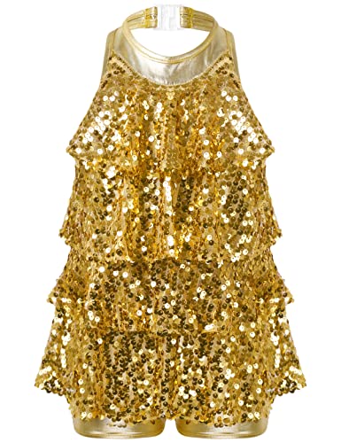 CHICTRY Mädchen Latin Kleid Tanzkleid Quaste Pailletten Glitzer Modern Dance Kostüm Tango Rumba Samba Tanzen Kleidung Für Kinder Gr. 104-176 Gold 176 von CHICTRY