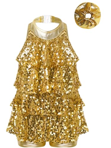 CHICTRY Mädchen Latin Kleid Tanzkleid Quaste Pailletten Glitzer Modern Dance Kostüm Tango Rumba Samba Tanzen Kleidung Für Kinder Gr. 104-176 Gold B 158-164 von CHICTRY