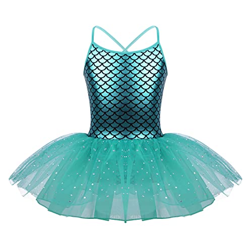 CHICTRY Ballettkleid Pailletten Kinder Mädchen Meerjungfrau Prinzessin Kostüm Festlich Ärmellos Ballett Body Tanztrikot Mit Tüllrock Für Fasching Karneval See Blau 122-128 von CHICTRY