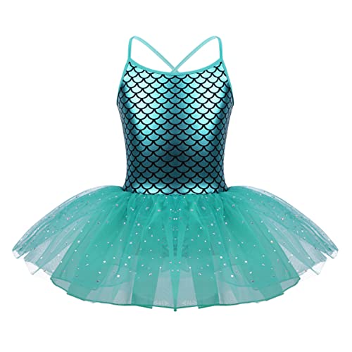 CHICTRY Ballettkleid Pailletten Kinder Mädchen Meerjungfrau Prinzessin Kostüm Festlich Ärmellos Ballett Body Tanztrikot Mit Tüllrock Für Fasching Karneval See Blau 134-140 von CHICTRY