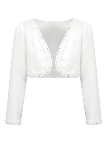 CHICTRY Mädchen Strickjacke Basic Bolero mit Spitzen Kinder Schulterjacke Jäckchen Bolero Festlich Hochzeit Kommunion Taufe Jacke Gr.86-140 A Weiß 110-116 von CHICTRY