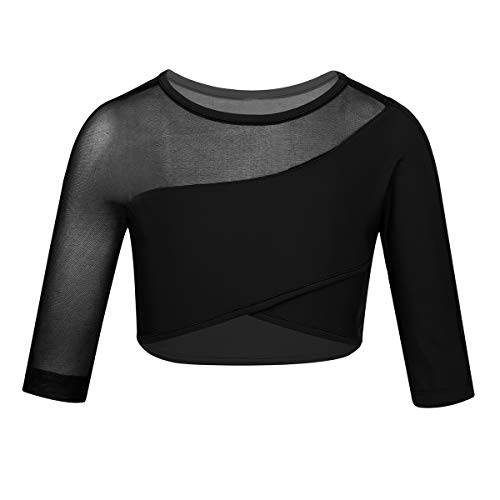 CHICTRY Mädchen Tops Mesh T-Shirt Crop Top Bauchfrei Oberteile Asymmetrische Ballettkleidung Gymnastikanzug Tanz Top Sport Yoga Kleidung Gr. 110-164 Schwarz 110-116 von CHICTRY