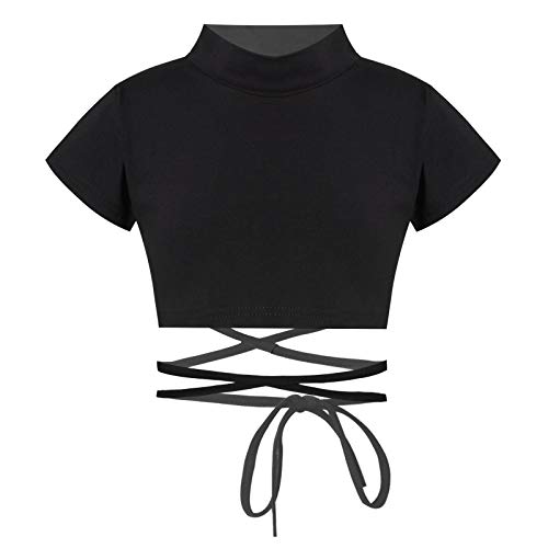 CHICTRY Mädchen Tops T-Shirt Crop Top Bauchfrei Oberteile Ballettkleidung mit Schnür Gymnastikanzug Tanz Top Sport Yoga Kleidung Gr. 98-164 Schwarz 98-104 von CHICTRY