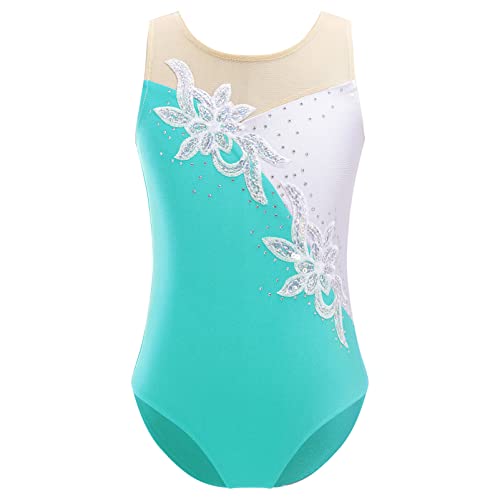 CHICTRY Kinder Mädchen Ballettanzug Strass Glitzer Turnanzug Wettkampf Blumen Patchwork Ballett Body Trikot Stretch Gymnastikbody Leotard Wettbewerb Kostüm Blau Grün 122-128 von CHICTRY