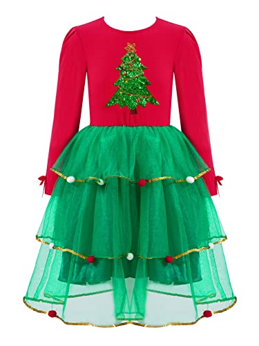CHICTRY Mädchen Weihnachten Kleider Weihnachtself Kostüm Langarm Partykleid Mit Pailletten Weihnachtsbaum Print A Linien Prinzessin Kleid Tutu Festzug Rot 122-128 von CHICTRY
