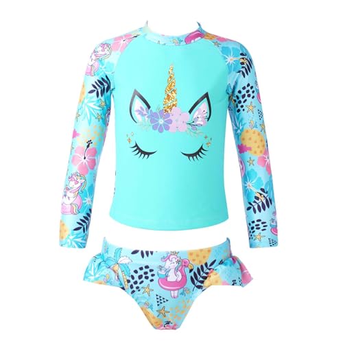 CHICTRY Mädchen Zweiteiler Badeanzug UV-Schutz Meerjungfrau Bademode Langarm Rash Guard Tankini Fischschuppen Badeshirts mit Badeslip Swimwear Gr.92-128 Cartoon Blau 110-116 von CHICTRY