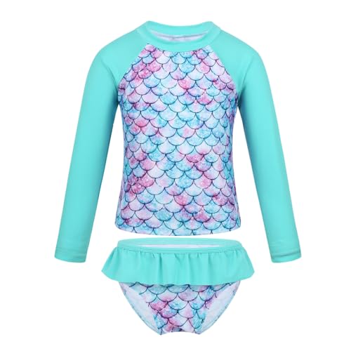 CHICTRY Mädchen Zweiteiler Badeanzug UV-Schutz Meerjungfrau Bademode Langarm Rash Guard Tankini Fischschuppen Badeshirts mit Badeslip Swimwear Gr.92-128 Cyan 92-98 von CHICTRY